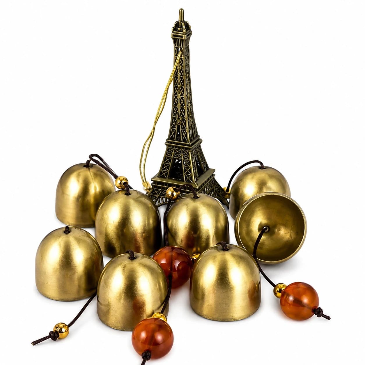 Vintage Brass Hanging Bells With Eiffel Tower Charm | Decorative Wind Chime Bells For Home, Door, Temple & Festive Decor | Antique Finish | Set Of 7 Bells