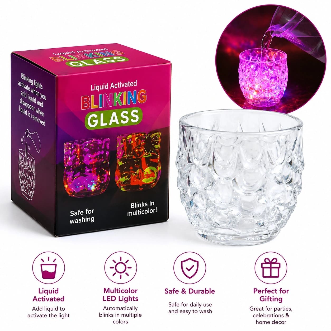 Liquid Activated Led Flashing Glass | Multicolor Led Glow Cup | Light-Up Drinking Glass For Parties, Bars & Events | Reusable Acrylic Glass